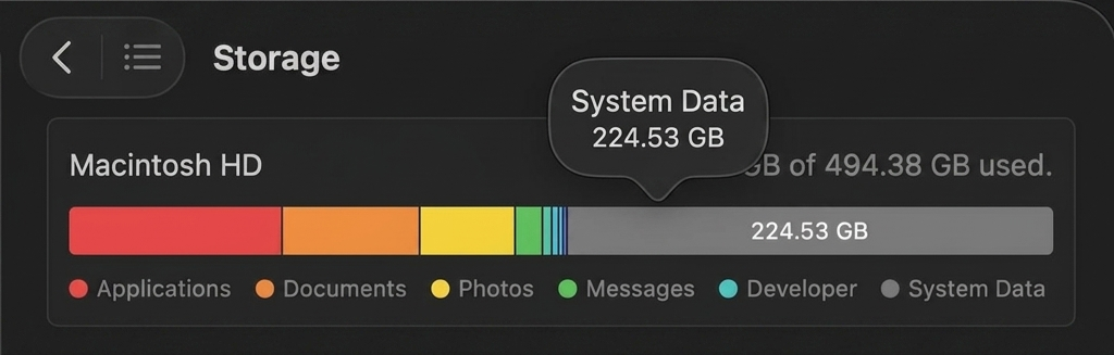macOS showing 224 GB System Data