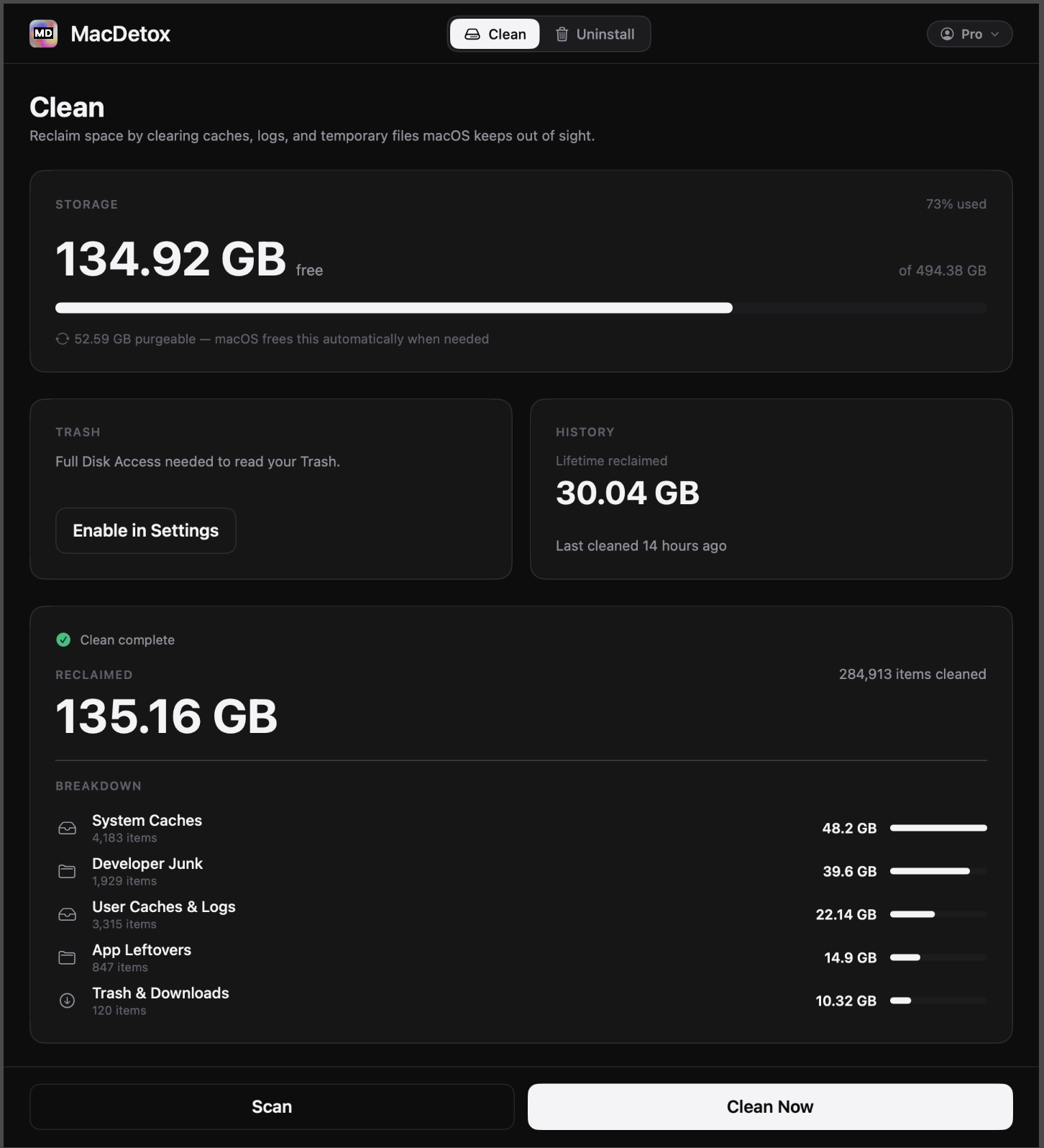 MacDetox app reclaiming 135 GB